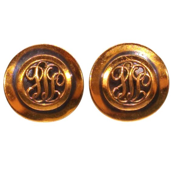 Vintage Monogram Style Copper Earrings, Clip On Modernist Mid Century Scrollwork - Picture 3 of 4